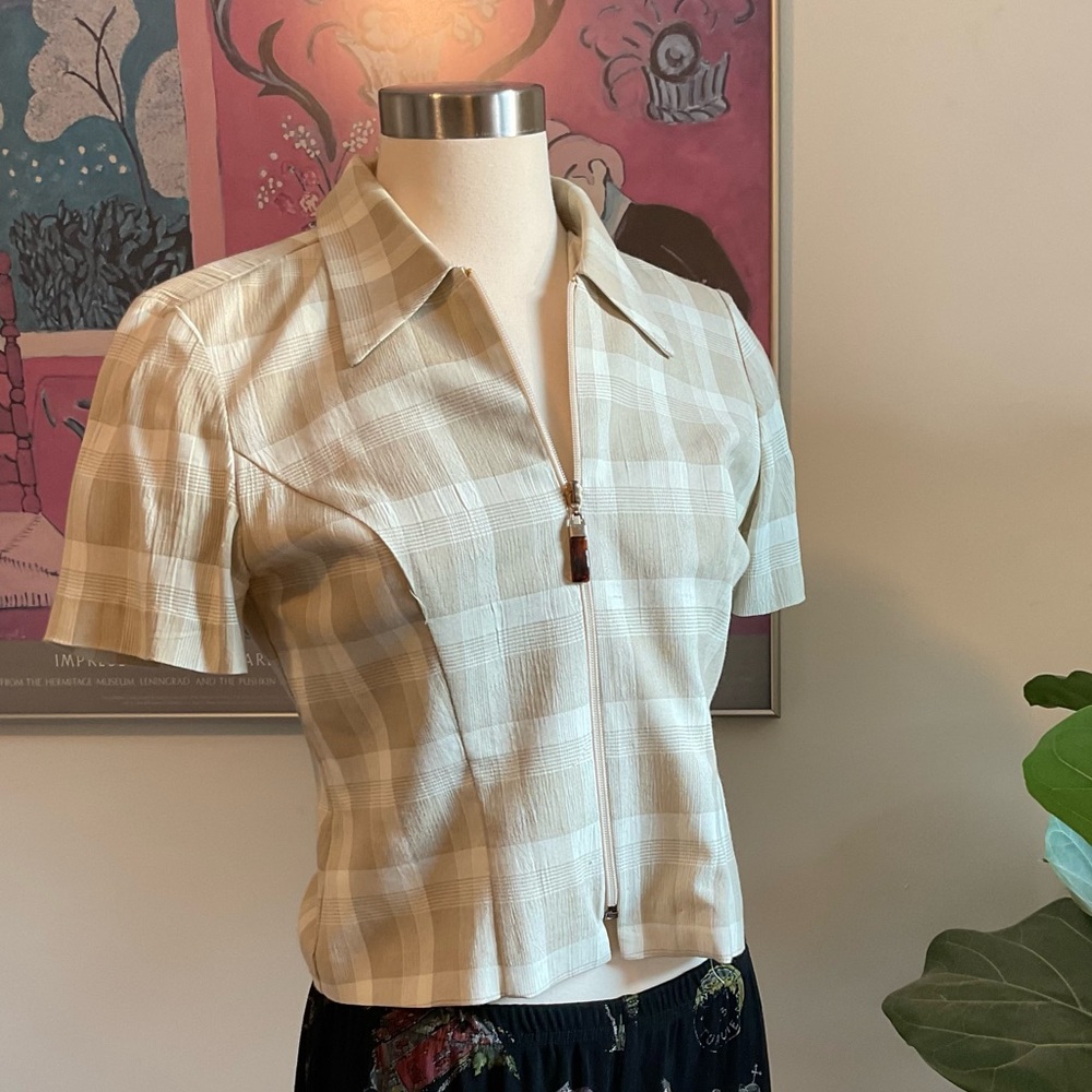Plaid 90s zip up collared cropped blouse